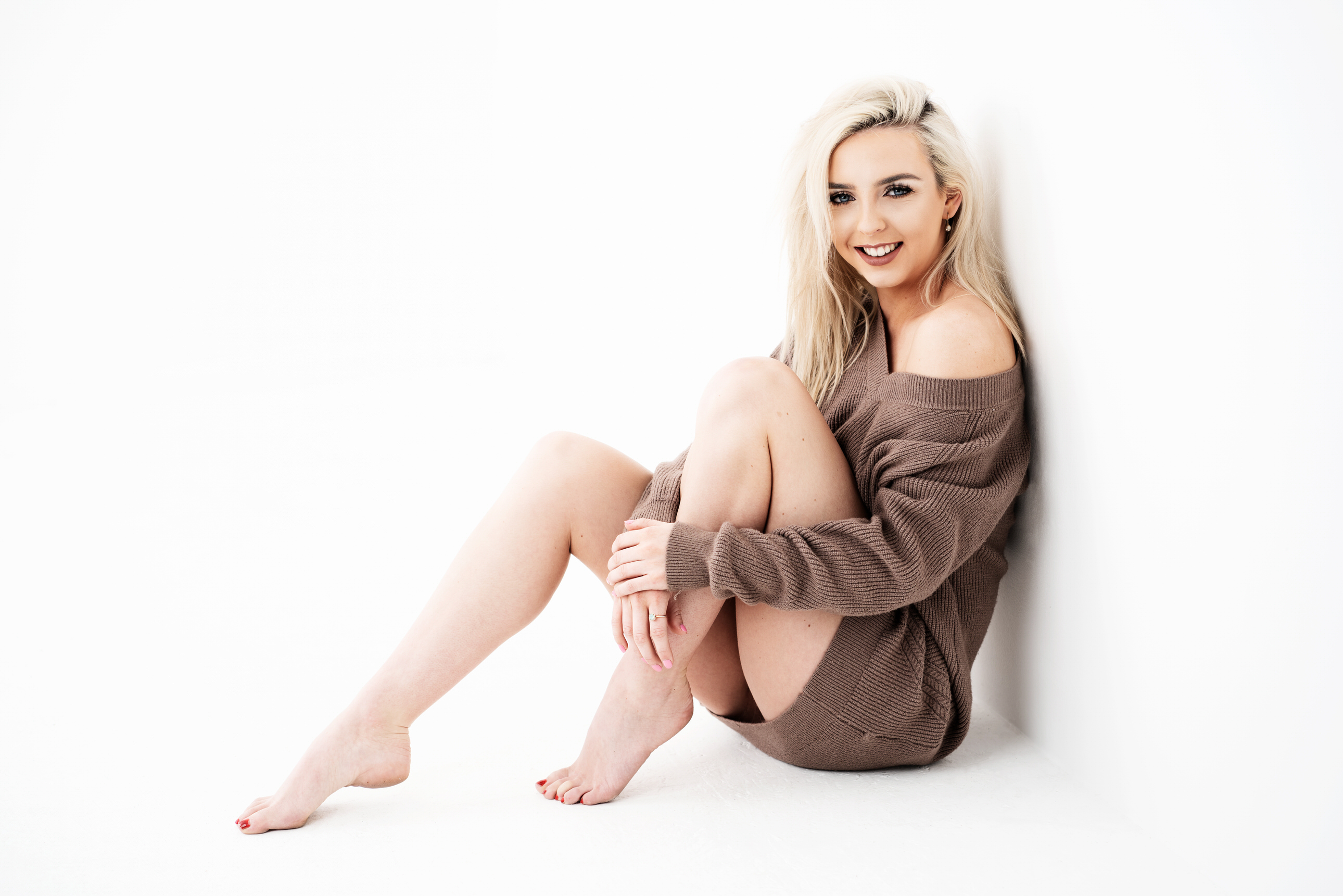 relaxed classic boudoir blonde in slouchy jumper by Boudoir Photographer Lancashire